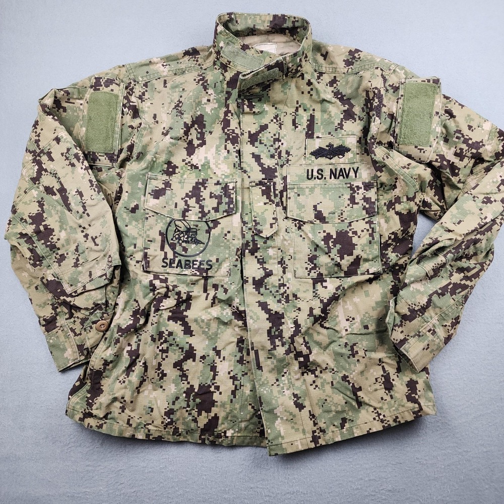 US Navy Shirt Mens M Green Camo NWU Type III Seabees API Military Uniform Top